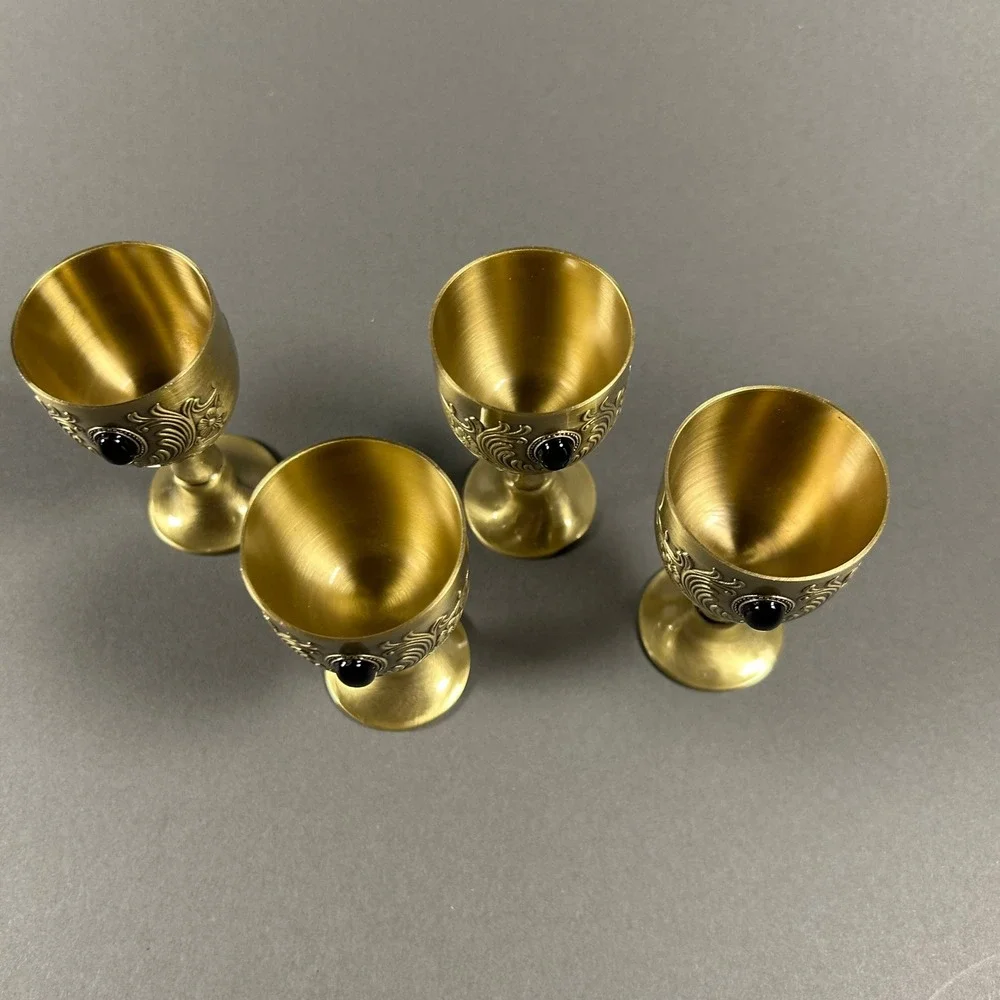 Li Dong Brass Tone Metal Goblets Set of 4 Black Stone Embossed Small Chalices